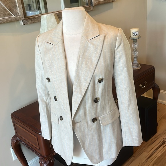 Banana Republic Blazer New Beige with Thin Silvery Blue White Stripe - Picture 2 of 16